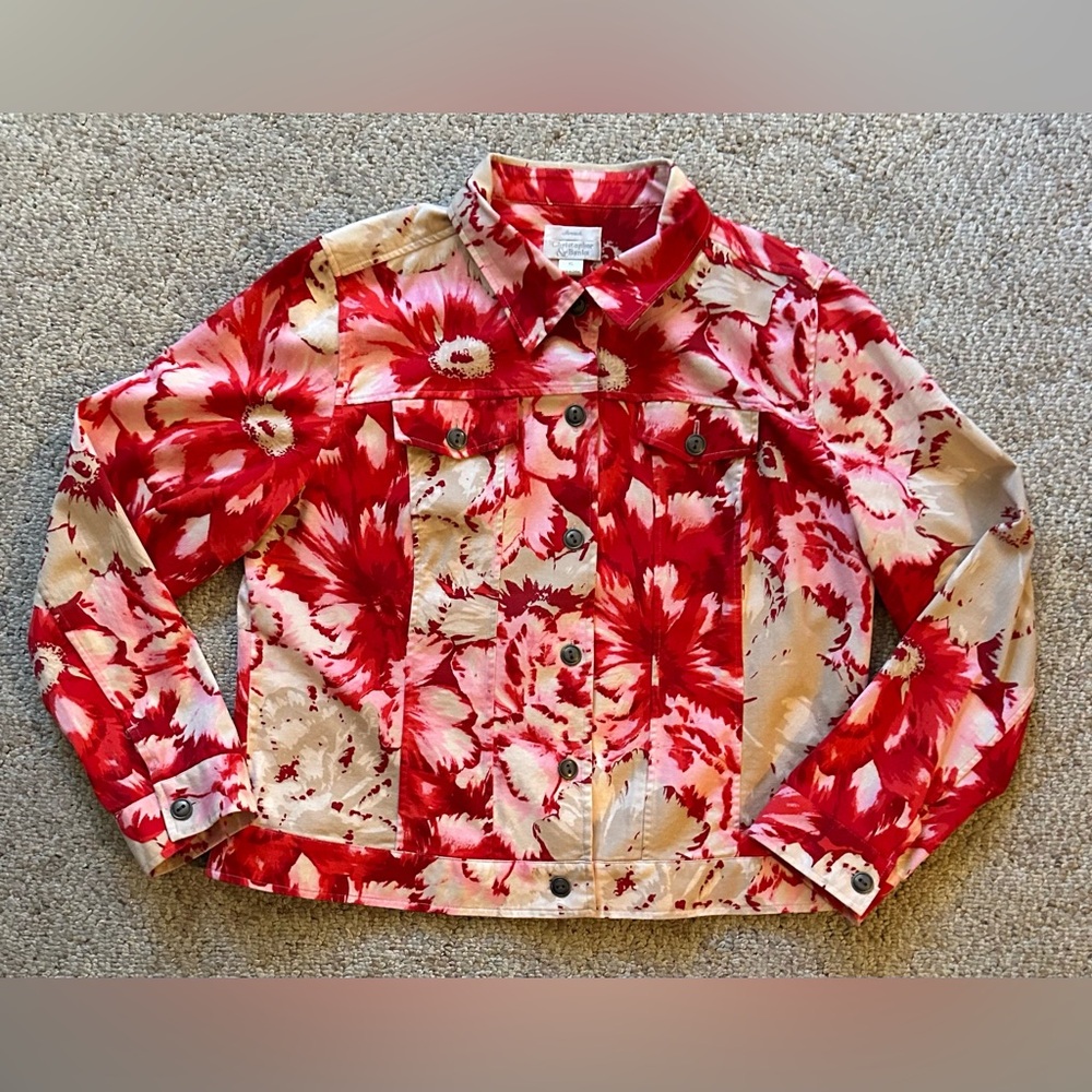Christopher & Banks Red Cream Floral Stretch Denim Jacket, Women’s Size XL